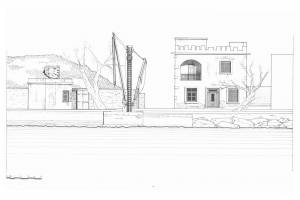 σχέδιο Κτηρίου Διοίκησης στη Μουτσούνα και σκάλα φόρτωσης. Πηγή: ΠΟΛΥΖΟΣ Γ., ΦΡΑΓΚΙΣΚΟΣ Α., ΚΑΤΕΡΙΝΗ Τ., ΜΠΕΛΑΒΙΛΑΣ Ν., ΠΛΥΤΑΣ Α., Ερευνητικό πρόγραμμα, "Καταγραφή και αποτίμηση του ιστορικού βιομηχανικού εξοπλισμού στα σμυριδωρυχεία Νάξου", Επιτροπή ερευνών Ε.Μ.Π., 09-1996 / 01-1997