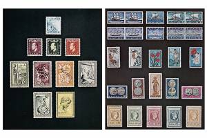 Εικ.16, Πολύχρωμα ελληνικά γραμματόσημα,σχεδιασμένα αριστερά από Δημήτρη Γαλάνη (τα τέσσερα γραμματόσημα επάνω) και Γιάννη Κεφαλληνό (τα έξη γραμματόσημα κάτω ) και δεξιά από τον Α. Τάσσο. Πηγή: Επετειακό λεύκωμα της εταιρείας Ασπιώτη -ΕΛΚΑ , Γραφικαί τέχναι -1873, 1973, ΕΛΚΑ 1973