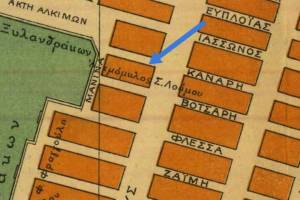 Απόσπασμά χάρτη με σημειωμένη τη θέση του αλευρόμυλου Λούμου (πρώην Μανίνα)