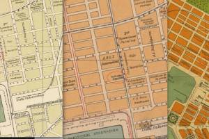 Κολλάζ χαρτών (δεκαετία 60, δεκαετία 50, τέλη 19ου αι) όπου σημειώνεται οη θέση του αλευρόμυλου.