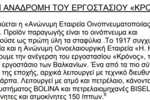 Πηγή : ΒουγιούκαΆννα, Μπεντεβή-Παλιούρα Αγγελική, "Βιομηχανικά- Βιοτεχνικά κτίρια 19ου- αρχές 20ου αιώναστην Ελλάδα, Εργοστάσιο οινοποιείας, «Κρόνος»", ΑΝΩΤΑΤΟ ΤΕΧΝΟΛΟΓΙΚΟ ΕΚΠΑΙΔΕΥΤΙΚΟ ΙΔΡΥΜΑ ΠΕΙΡΑΙΑ, Τμήμα πολιτικών δομικών έργων, Αθήνα 2009