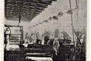 Βόλος, άποψη του εσωτερικού του εργοστασίου κλωστοϋφαντουργίας του Σ. ΠΑΠΑΓΕΩΡΓΙΟΥ, από την Κυριακάτικη εικονογραφημένη επιθεώρηση Η ΑΛΗΘΕΙΑ, 30 Νοεμβρίου 1908, αρχείο κας Λίζας Κουτσαπλή